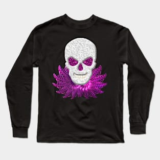 Lacy Floral Faux Pink Glitter Eyes Skull With Blue Decorative Collar Long Sleeve T-Shirt